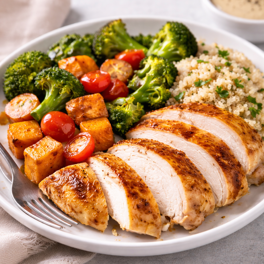 Healthy meal with rotisserie chicken, vegetables, and quinoa