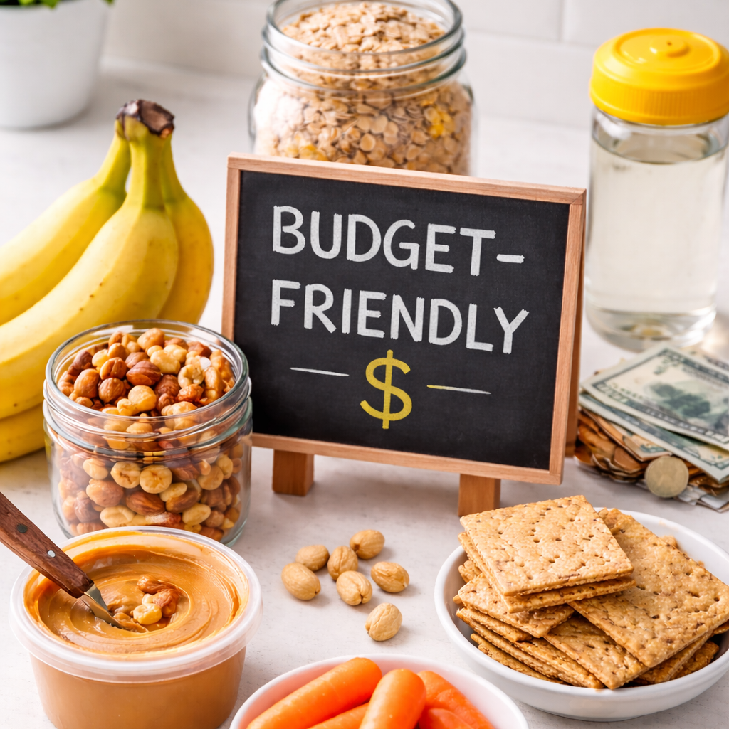 Budget-friendly healthy snacks for work including bananas, peanut butter, nuts, crackers, and carrots
