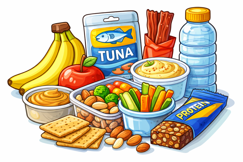 Cartoon illustration of healthy snacks including bananas, nuts, crackers, hummus, protein bar, and tuna for work.