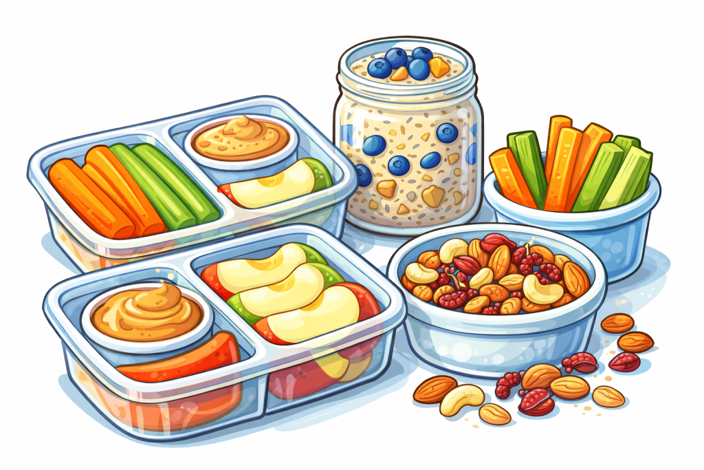 Cartoon illustration of easy homemade healthy snacks for work including apple slices with peanut butter, trail mix, vegetables with hummus, and overnight oats.