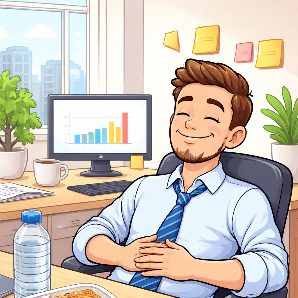 Cartoon illustration of a man in an office smiling and feeling full after eating healthy snacks at his desk.
