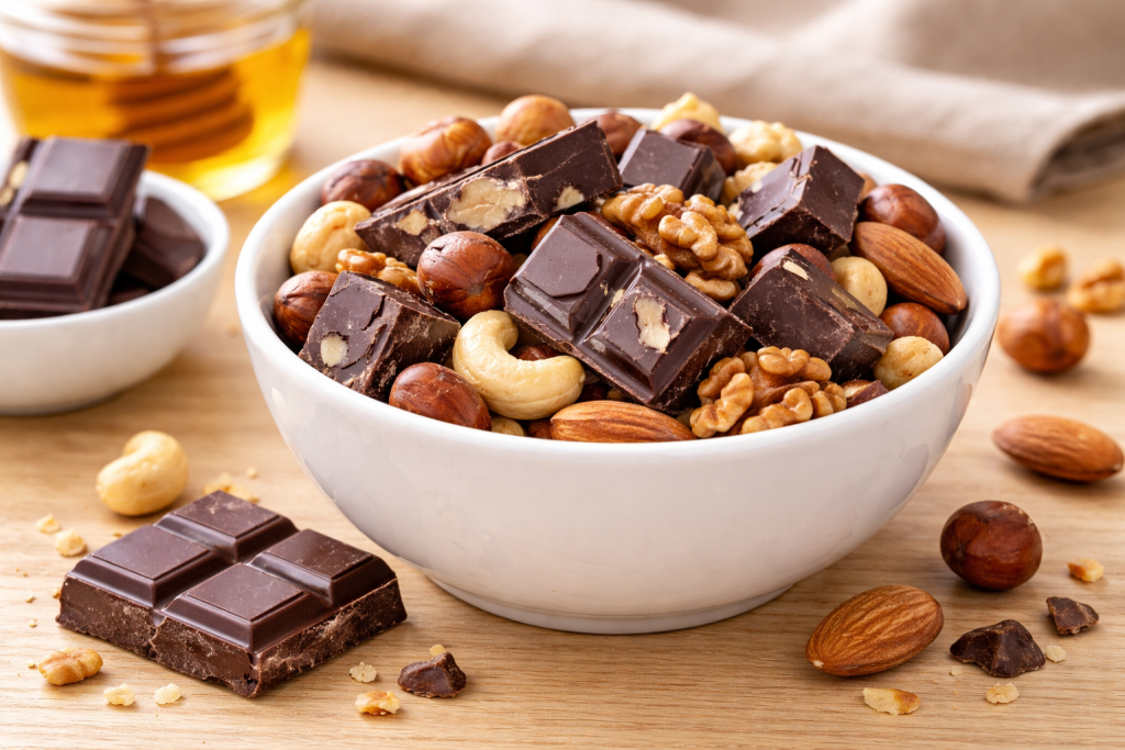 Bowl of mixed nuts with small pieces of dark chocolate on a wooden table.