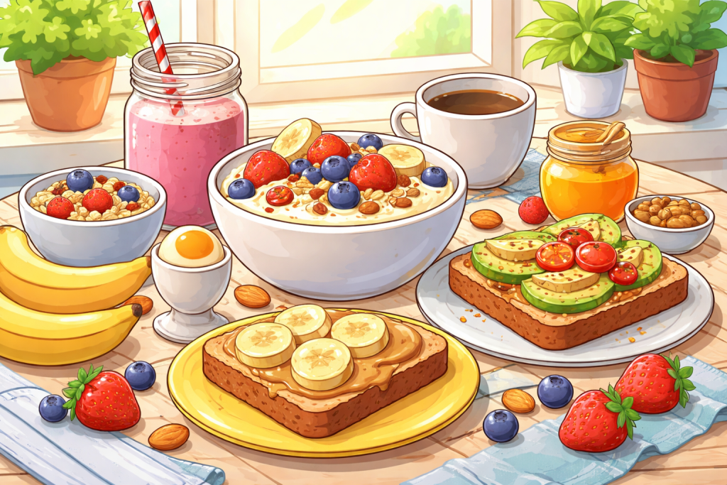 Cartoon illustration of a healthy breakfast with yogurt and fruit, avocado toast, smoothie, eggs, and peanut butter toast on a table.