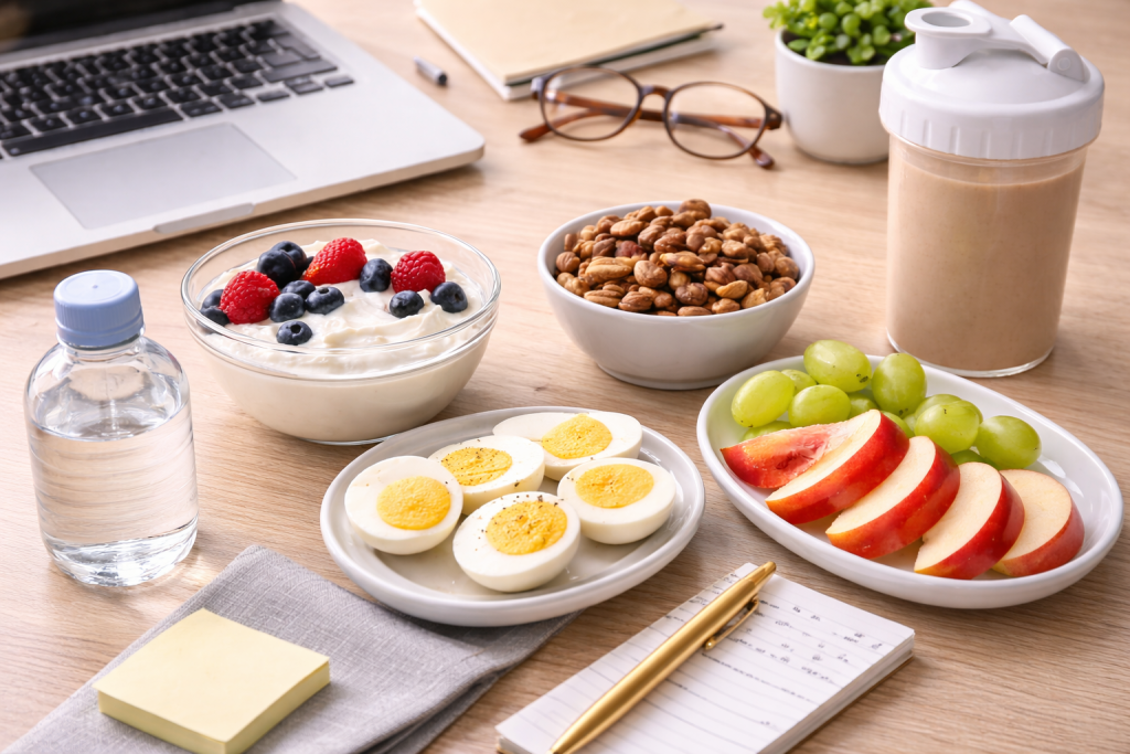 High-protein snacks on a work desk including Greek yogurt with berries, boiled eggs, nuts, and sliced fruit.