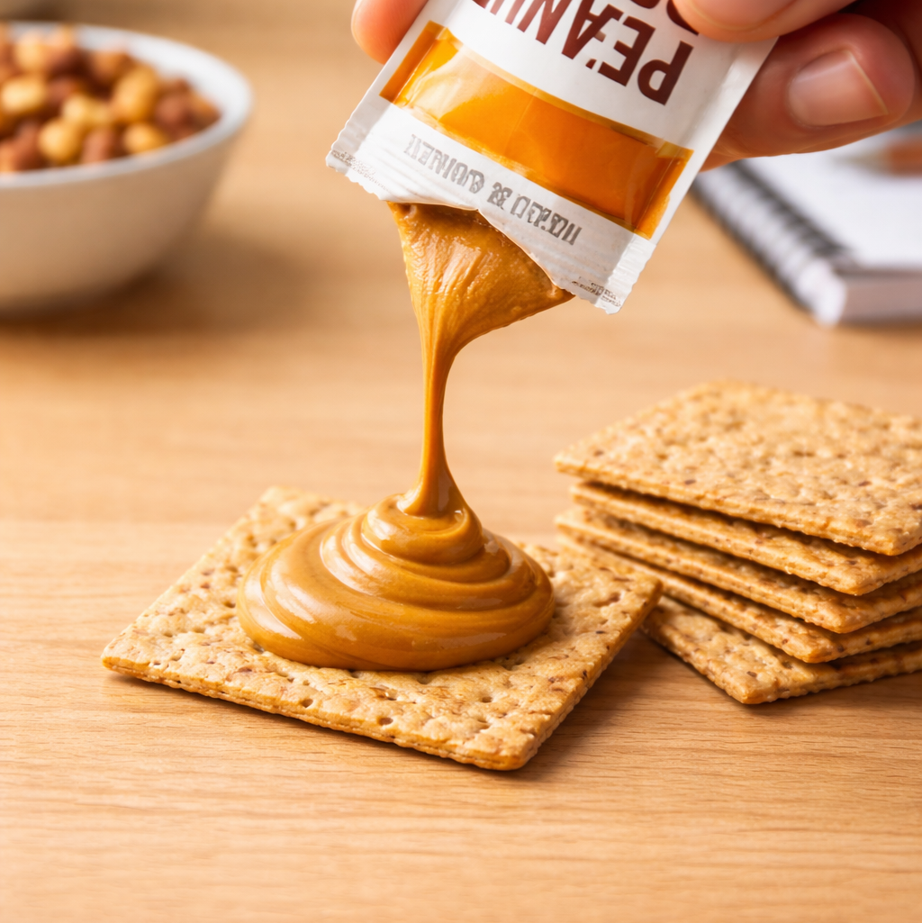 Peanut butter packet squeezing peanut butter onto a whole grain cracker as a healthy work snack.