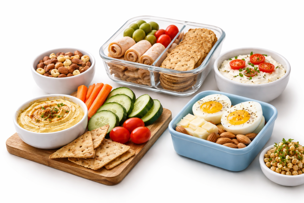 healthy savory snacks for work including hummus vegetables crackers boiled eggs cheese nuts and turkey roll ups on a clean white background