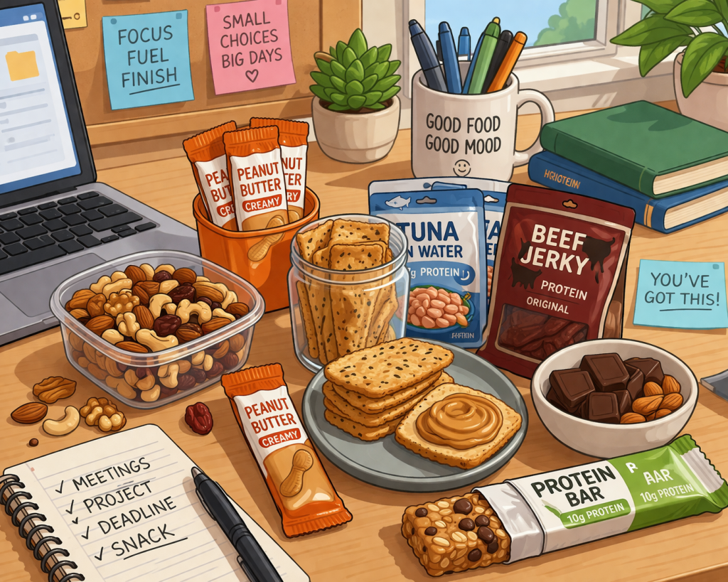 Cartoon illustration of a work desk with healthy foods like nuts, peanut butter packets, crackers, tuna, jerky, protein bars, and dark chocolate.
