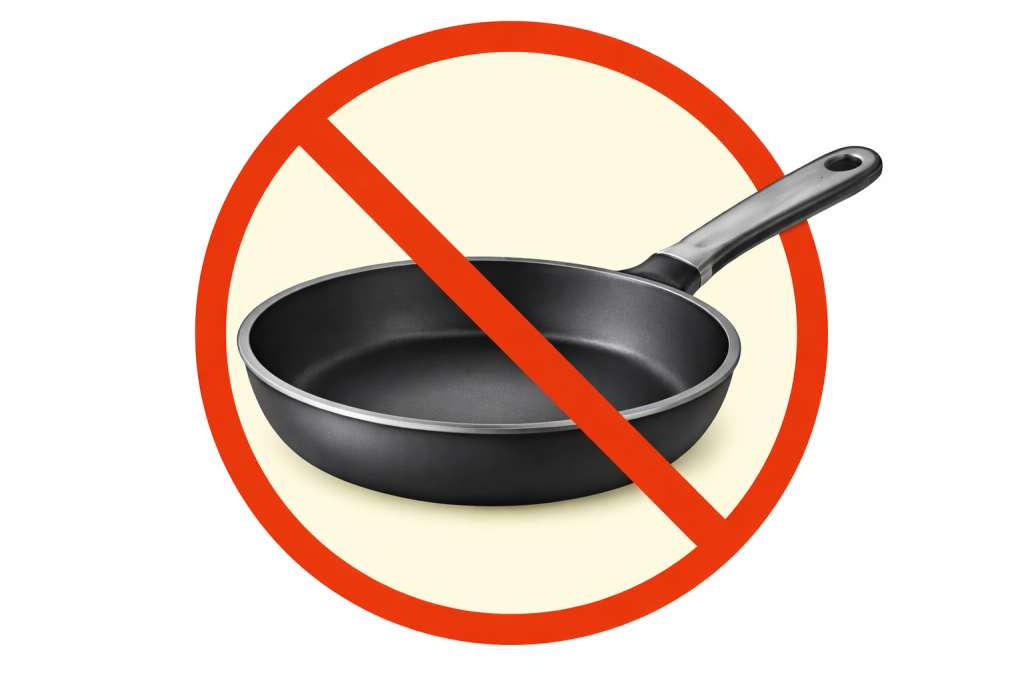 o cooking required symbol with frying pan crossed out by red circle on clean background