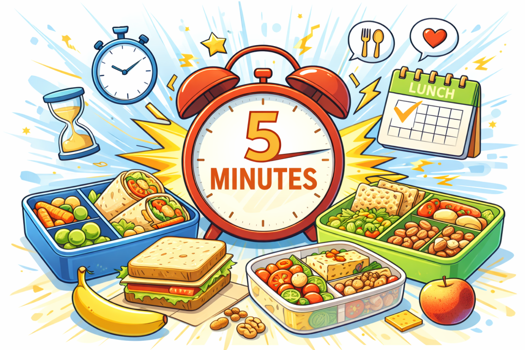 Cartoon illustration of a 5-minute clock with quick healthy meals like wraps, sandwich, salad, and snack containers.