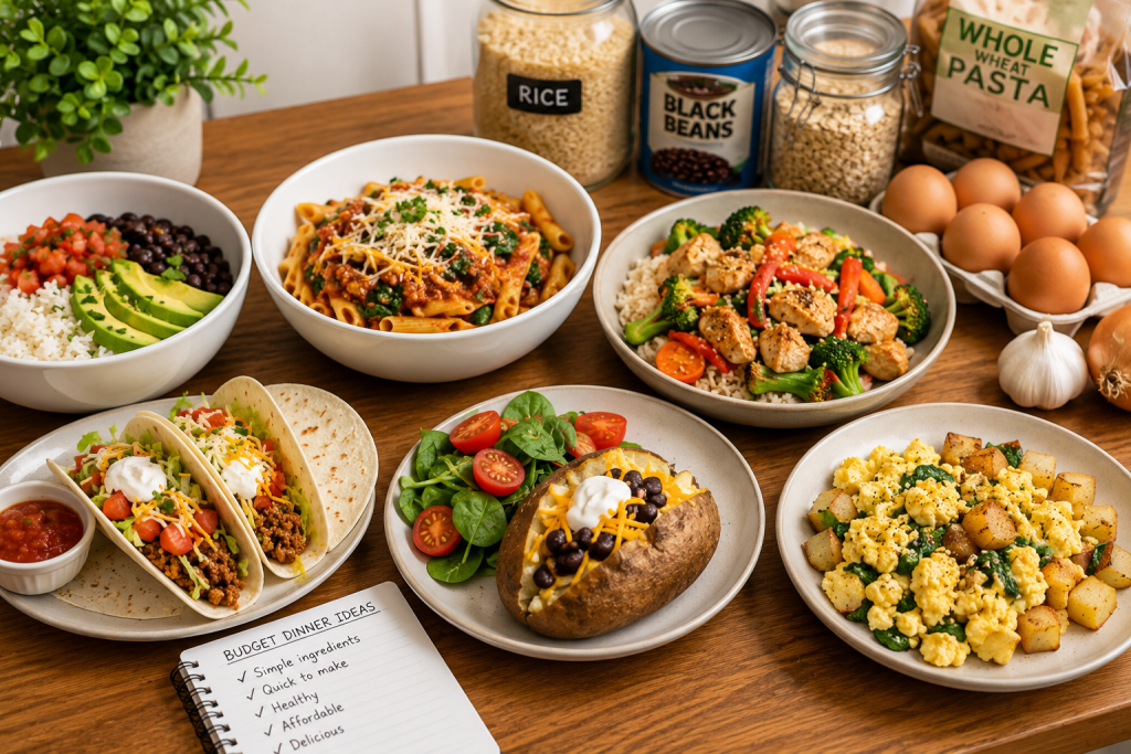 Healthy cheap dinner ideas on a table including rice bowls, pasta, tacos, baked potato, eggs, and chicken meals with budget-friendly ingredients.