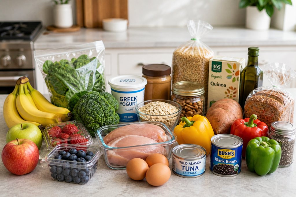 Healthy grocery items laid out on a kitchen counter including chicken, eggs, Greek yogurt, oats, bread, fruits, vegetables, and pantry staples.