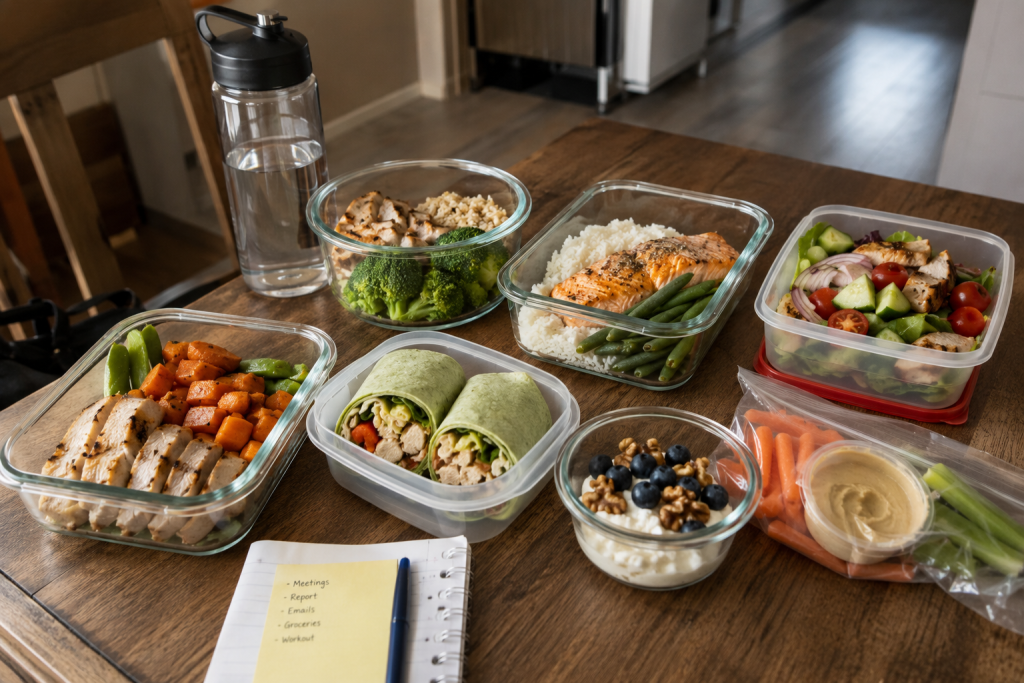 Healthy meal prep containers with chicken, salmon, vegetables, wraps, salad, and high-protein snacks for busy professionals.