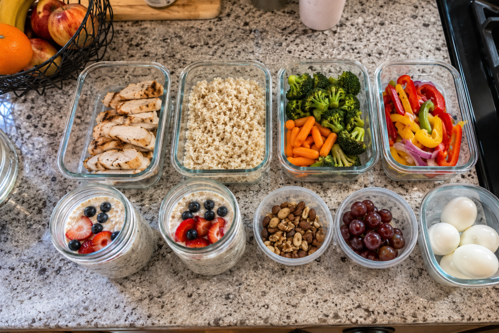 Sunday meal prep containers with chicken, rice, vegetables, healthy snacks, and breakfast items prepared for a busy work week.Sunday meal prep containers with chicken, rice, vegetables, healthy snacks, and breakfast items prepared for a busy work week.