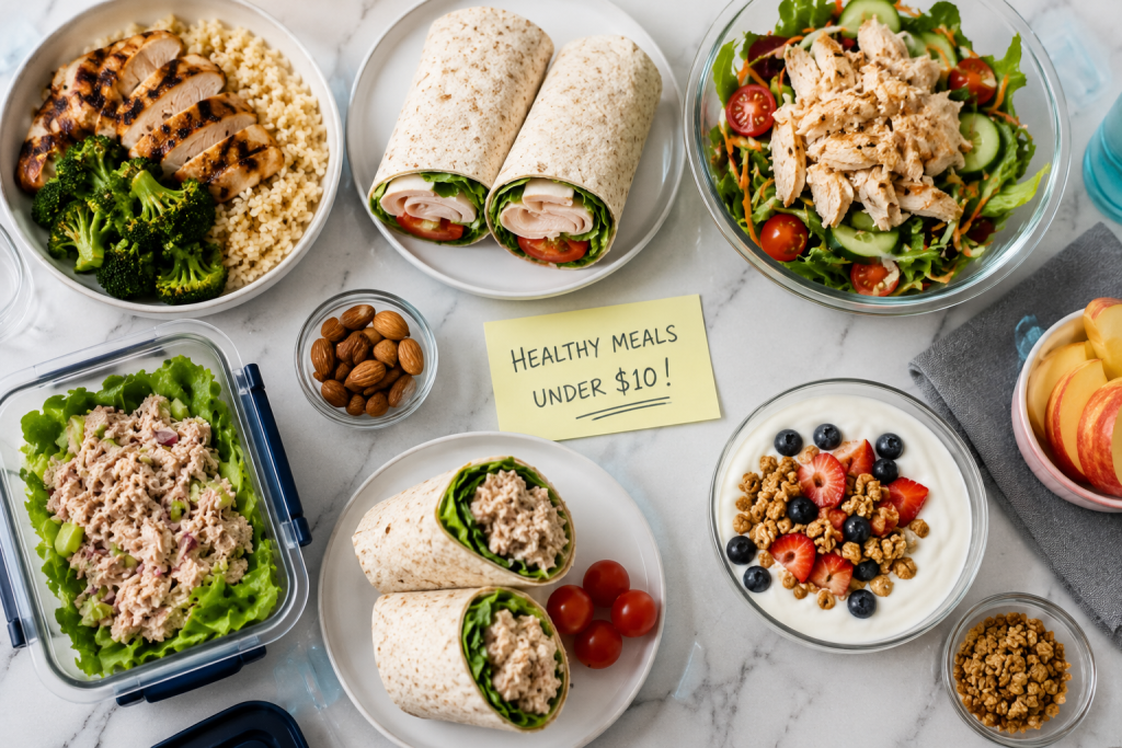 Affordable healthy meals under $10 including chicken and rice, turkey wraps, tuna wraps, Greek yogurt bowls, and fresh salads prepared for a busy work week.