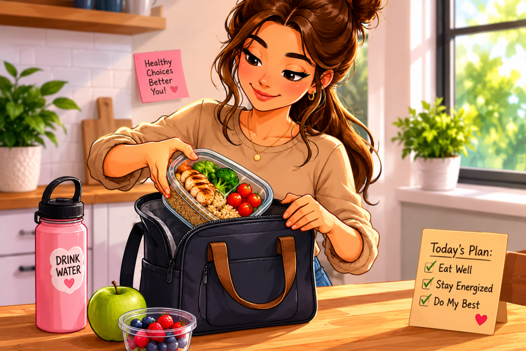 Person preparing and packing a healthy lunch for work with fruit, nuts, and a balanced meal in a lunch bag.