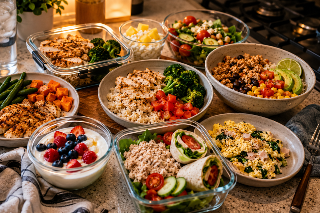 High-protein meals for tired workers including chicken rice bowls, turkey burrito bowls, tuna wraps, Greek yogurt bowls, and vegetable stir-fries prepared after a long work shift.