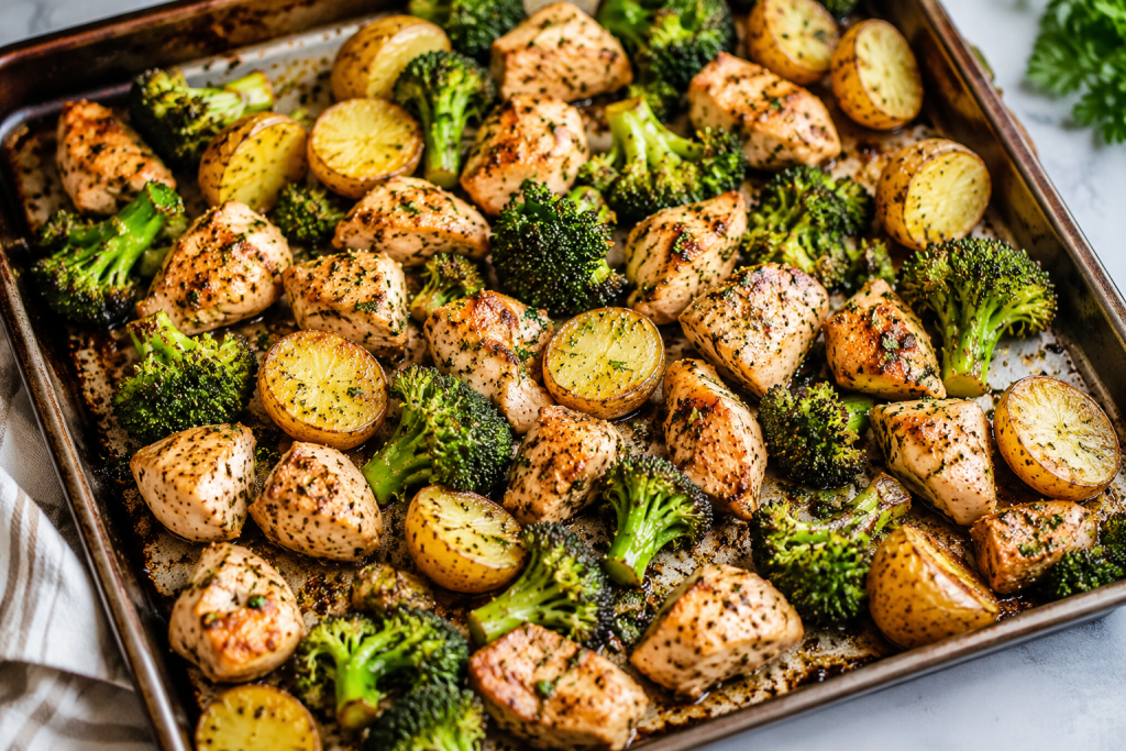 One-pan meal with roasted chicken, broccoli, and baby potatoes cooked on a sheet pan for a quick and healthy dinner.