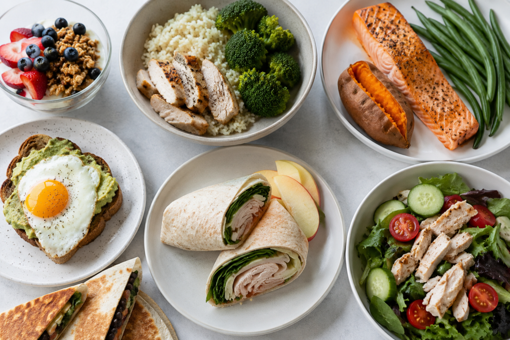 Healthy 5-ingredient meal ideas displayed on a countertop, including grilled chicken with rice and broccoli, salmon with sweet potato and green beans, turkey wrap with apple slices, avocado toast with egg, Greek yogurt with berries and granola, fresh chicken salad, and black bean quesadilla.