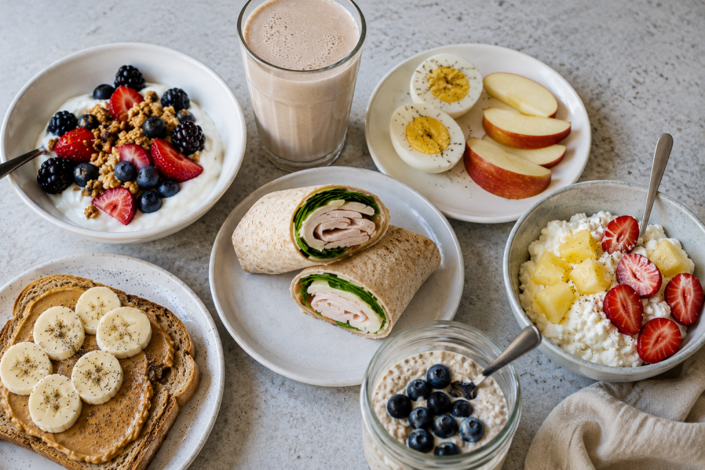 High-protein breakfast ideas before work including Greek yogurt with berries, protein smoothie, eggs, cottage cheese, turkey wrap, and peanut butter banana toast.