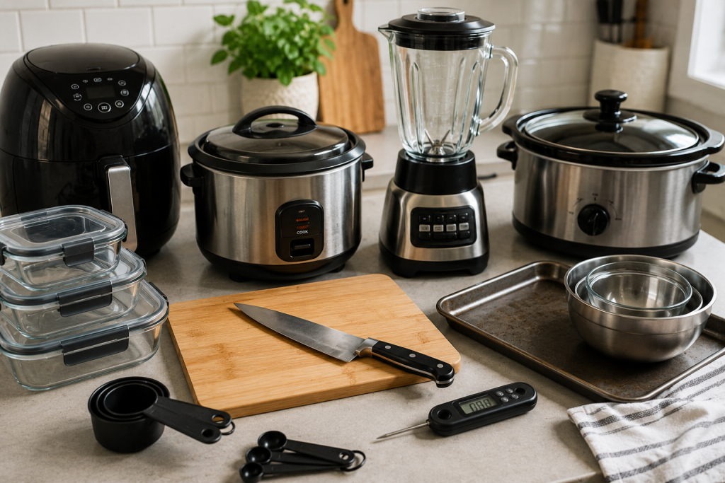 Kitchen tools that save time, including an air fryer, rice cooker, blender, chef's knife, cutting board, food storage containers, and sheet pans arranged on a clean kitchen countertop.