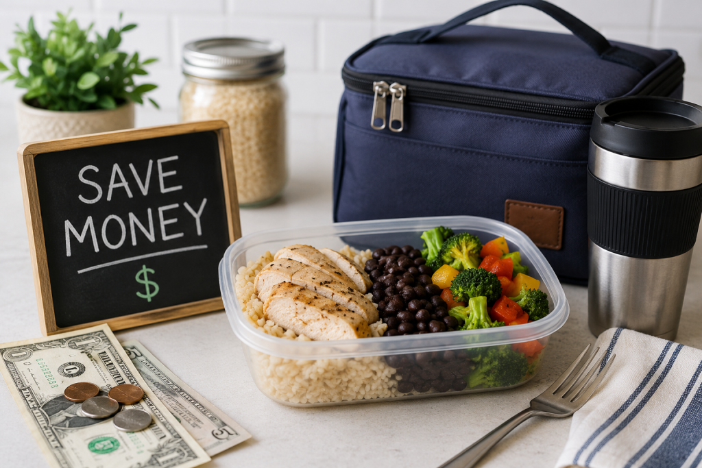 Budget-friendly high-protein work lunch with chicken, rice, black beans, vegetables, a lunch bag, and a save money sign.