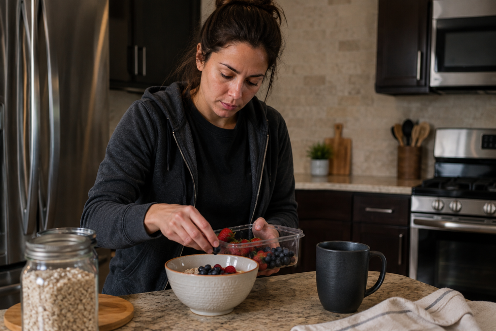 
Busy professional making a healthy oatmeal breakfast with fresh fruit in a home kitchen.