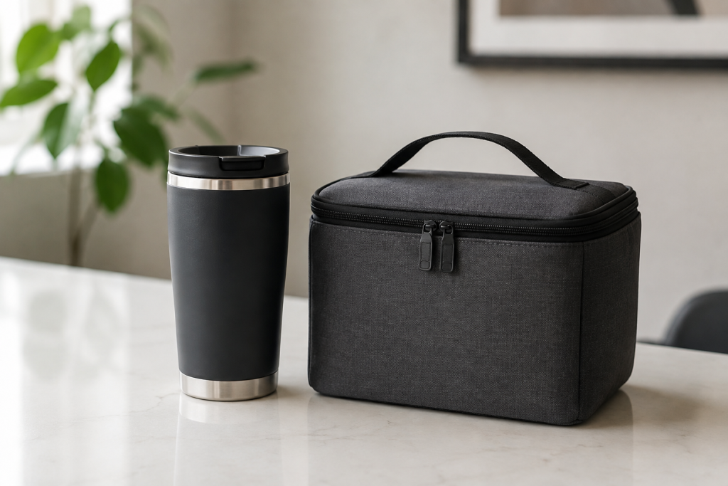 Travel coffee mug and lunch box for packing healthy breakfasts and lunches for work.